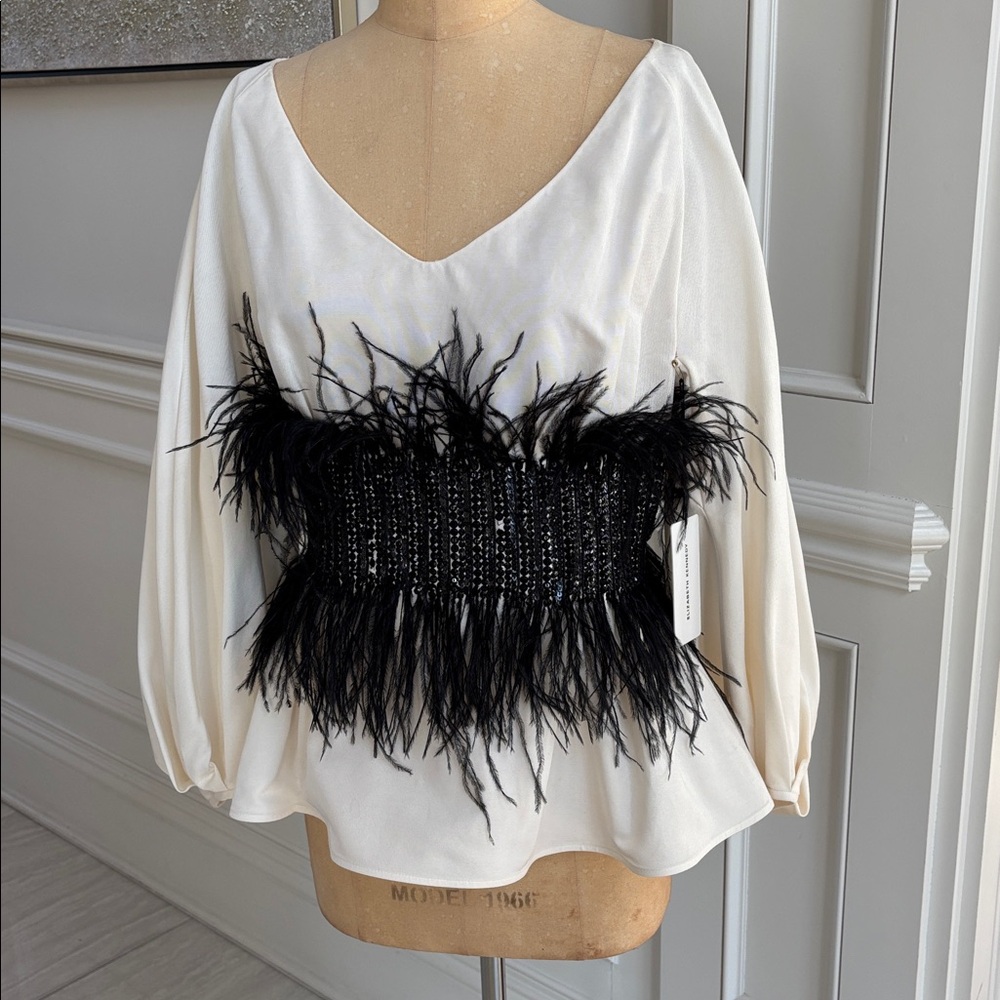 White Blouse with Black Feathered Waistband NWT